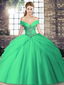 Trendy Off The Shoulder Sleeveless Brush Train Lace Up 15th Birthday Dress Turquoise Tulle