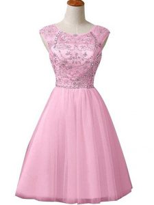 Sleeveless Tulle Mini Length Zipper Evening Dress in Baby Pink with Beading