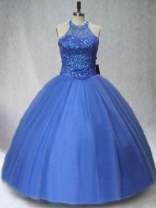 Vintage Sleeveless Floor Length Beading Lace Up Quince Ball Gowns with Blue