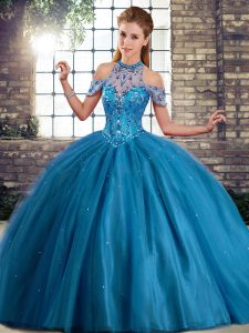 Fine Blue Tulle Lace Up Ball Gown Prom Dress Sleeveless Brush Train Beading
