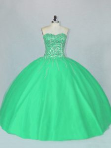 Best Selling Sweetheart Sleeveless 15 Quinceanera Dress Floor Length Beading Green Tulle