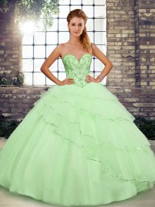 Yellow Green Tulle Lace Up Sweet 16 Quinceanera Dress Sleeveless Brush Train Beading and Ruffled Layers