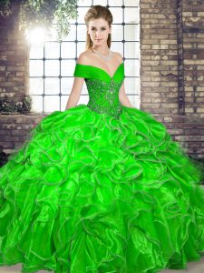 Green Ball Gowns Organza Off The Shoulder Sleeveless Beading and Ruffles Floor Length Lace Up Ball Gown Prom Dress
