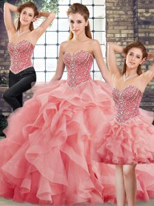 Colorful Watermelon Red Sleeveless Beading and Ruffles Lace Up Quinceanera Dresses