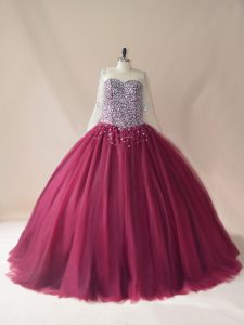 Burgundy Sweet 16 Quinceanera Dress Scoop Long Sleeves Brush Train Lace Up