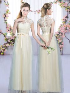 Most Popular Champagne Dama Dress Wedding Party with Lace and Bowknot High-neck Cap Sleeves Zipper