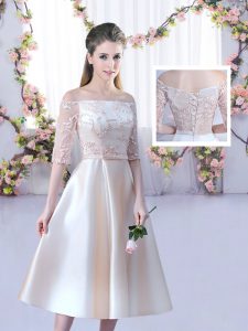 Champagne A-line Satin Off The Shoulder Half Sleeves Lace and Belt Tea Length Lace Up Quinceanera Dama Dress