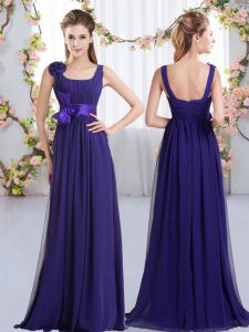 Fancy Purple Chiffon Zipper Straps Sleeveless Floor Length Dama Dress Belt and Hand Made Flower