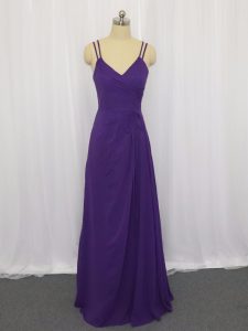 Sexy Floor Length Purple Homecoming Dress Chiffon Sleeveless Ruching