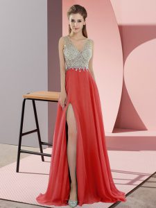 Sweep Train Empire Prom Dresses Coral Red V-neck Chiffon Sleeveless Zipper