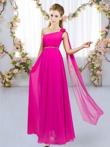 One Shoulder Sleeveless Chiffon Quinceanera Court Dresses Beading and Hand Made Flower Lace Up
