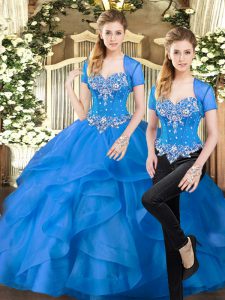 Inexpensive Blue Sleeveless Tulle Lace Up Quinceanera Gowns for Military Ball and Sweet 16 and Quinceanera
