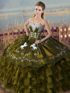 Embroidery and Ruffles Quince Ball Gowns Olive Green Lace Up Sleeveless Floor Length