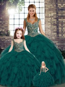 Free and Easy Organza Straps Sleeveless Lace Up Beading and Ruffles Ball Gown Prom Dress in Peacock Green