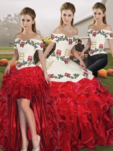 Exceptional Organza Off The Shoulder Sleeveless Lace Up Embroidery and Ruffles Sweet 16 Dress in White And Red