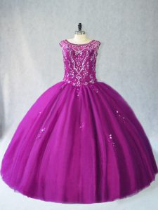 Lovely Sleeveless Floor Length Beading Lace Up Quinceanera Gowns with Purple