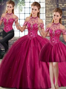 Deluxe Fuchsia Three Pieces Tulle Halter Top Sleeveless Beading Lace Up Quinceanera Dress Brush Train