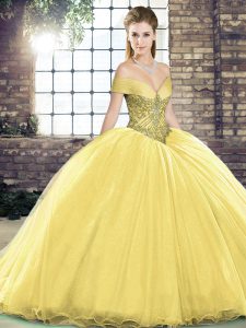 Gold Organza Lace Up Off The Shoulder Sleeveless Vestidos de Quinceanera Brush Train Beading