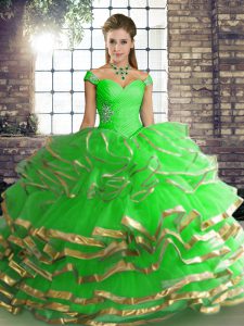Dramatic Green Sleeveless Beading and Ruffled Layers Floor Length Quinceanera Gowns