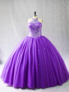 Flare Purple Ball Gowns Beading Sweet 16 Dresses Lace Up Tulle Sleeveless Floor Length