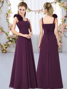 Dark Purple Lace Up Damas Dress Hand Made Flower Sleeveless Floor Length