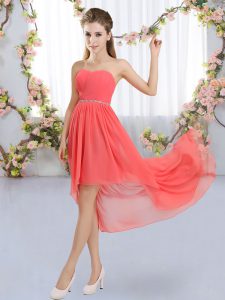 Watermelon Red Empire Chiffon Strapless Sleeveless Beading High Low Lace Up Quinceanera Court of Honor Dress
