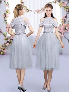Fitting Sleeveless Tulle Tea Length Zipper Dama Dress in Grey with Lace and Belt