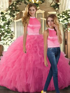 Nice Floor Length Hot Pink 15th Birthday Dress Halter Top Sleeveless Backless