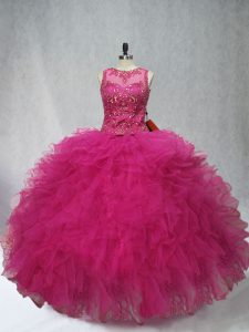 Spectacular Fuchsia Lace Up Scoop Beading and Ruffles Ball Gown Prom Dress Tulle Sleeveless