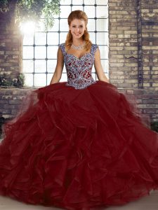 High End Floor Length Lace Up Vestidos de Quinceanera Wine Red for Military Ball and Sweet 16 and Quinceanera with Beading and Ruffles