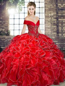 Popular Off The Shoulder Sleeveless Organza Quinceanera Gowns Beading and Ruffles Lace Up