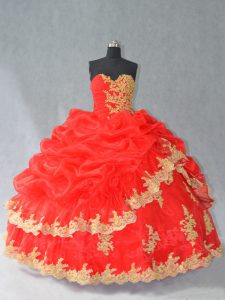 Suitable Organza Sweetheart Sleeveless Lace Up Lace and Appliques and Pick Ups Sweet 16 Dress in Red