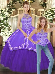 Perfect Purple Sleeveless Satin and Tulle Lace Up Sweet 16 Dress for Military Ball and Sweet 16 and Quinceanera