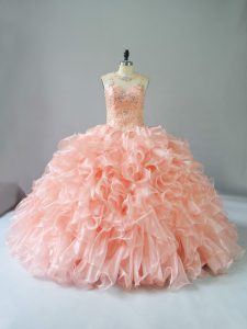 Gorgeous Peach Ball Gowns Organza Scoop Sleeveless Beading and Ruffles Lace Up Sweet 16 Dress