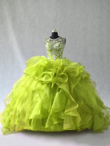 Luxurious Yellow Green Scoop Lace Up Beading and Ruffles Sweet 16 Dresses Sleeveless