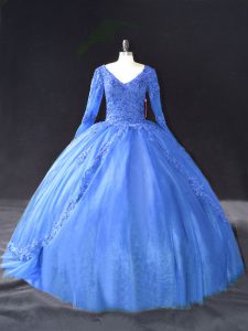 Blue Long Sleeves Floor Length Lace and Appliques Lace Up Sweet 16 Quinceanera Dress