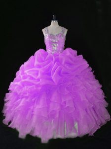 Straps Sleeveless Vestidos de Quinceanera Floor Length Sequins and Pick Ups Lilac Organza