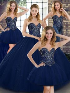 Fabulous Navy Blue Ball Gowns Sweetheart Sleeveless Tulle Floor Length Lace Up Beading Sweet 16 Quinceanera Dress