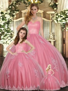 Watermelon Red Sleeveless Floor Length Appliques Lace Up 15 Quinceanera Dress