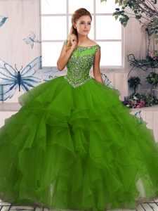 Sweet Green Scoop Neckline Beading and Ruffles Quince Ball Gowns Sleeveless Zipper