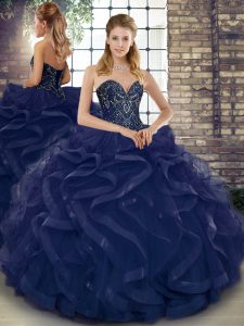 Navy Blue Sweet 16 Dress Military Ball and Sweet 16 and Quinceanera with Beading and Ruffles Sweetheart Sleeveless Lace Up