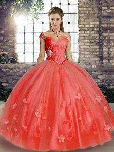 Off The Shoulder Sleeveless Lace Up 15 Quinceanera Dress Watermelon Red Tulle
