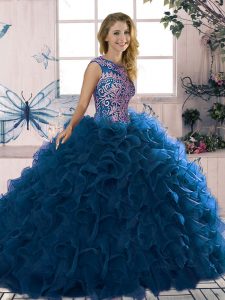 Beautiful Royal Blue Organza Lace Up Scoop Sleeveless Floor Length Quinceanera Dress Beading and Ruffles
