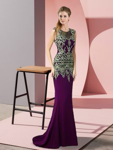 Dark Purple Column/Sheath Satin Scoop Sleeveless Appliques Zipper Prom Party Dress Sweep Train