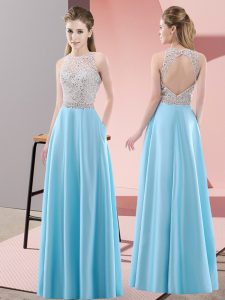 Baby Blue Satin Backless Scoop Sleeveless Floor Length Prom Evening Gown Beading