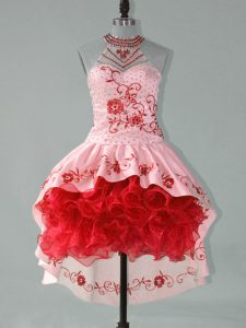 Best Red and Pink Sleeveless Satin and Organza Lace Up Prom Gown for Prom and Party and Military Ball