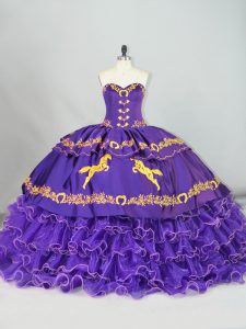 Embroidery and Ruffled Layers Quinceanera Dresses Purple Lace Up Sleeveless Brush Train