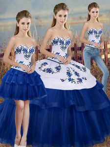 Adorable Sweetheart Sleeveless Quince Ball Gowns Floor Length Embroidery and Bowknot Royal Blue Tulle