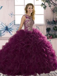 Floor Length Lace Up Quinceanera Dresses Dark Purple for Military Ball and Sweet 16 and Quinceanera with Beading and Ruffles
