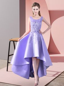 Fantastic A-line Damas Dress Lavender Scoop Satin Sleeveless High Low Zipper